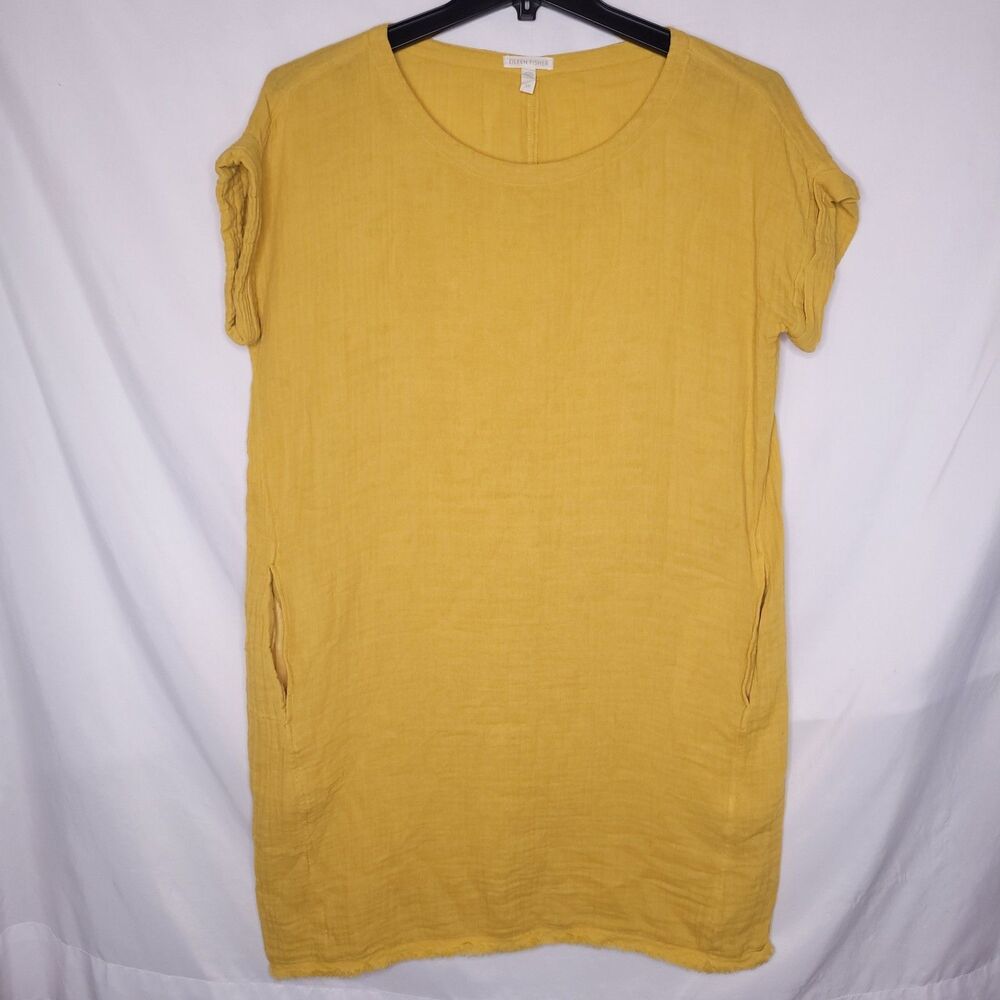 Eileen Fisher Dress Small Yellow Gauze Raw Hem Organic Cotton